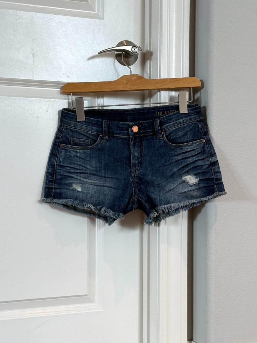 Blank NYC Jean Shorts Cut Offs in Medium Blue Wash & Designer Distressing 25